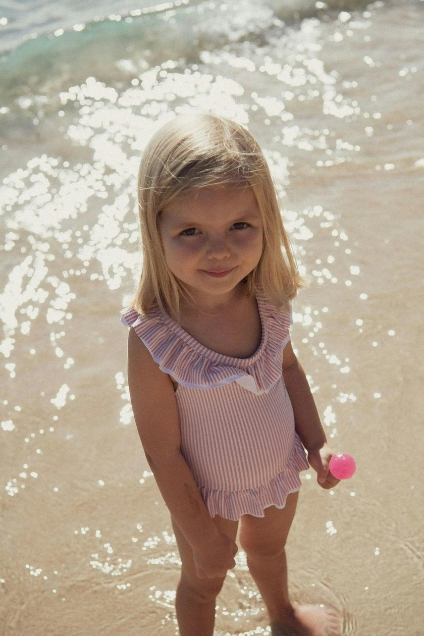 Girls' one-piece swimsuit with lilac ruffles | CANDY 1P