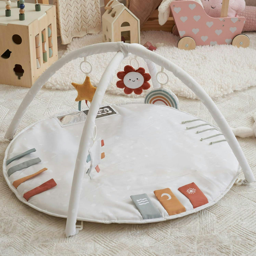 Beautiful Baby Play Gym & Tummy Time Mat - Soft Cotton Mat with 4 Cute Toys & Cards - Perfect Activity Area for Your Girl/Boy - Stylish Infant Floor Playmat
