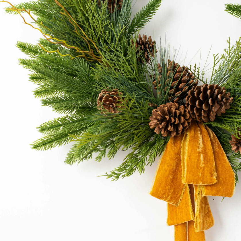 Evergreen Forest Mixed Greens & Pine Cone Holiday Winter Front Door Crest Christmas Wreath with Gold Velvet Bow
