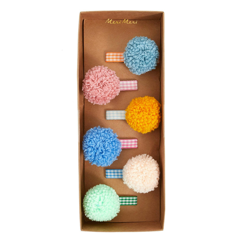 Gingham And Big Pompom Hair Clips