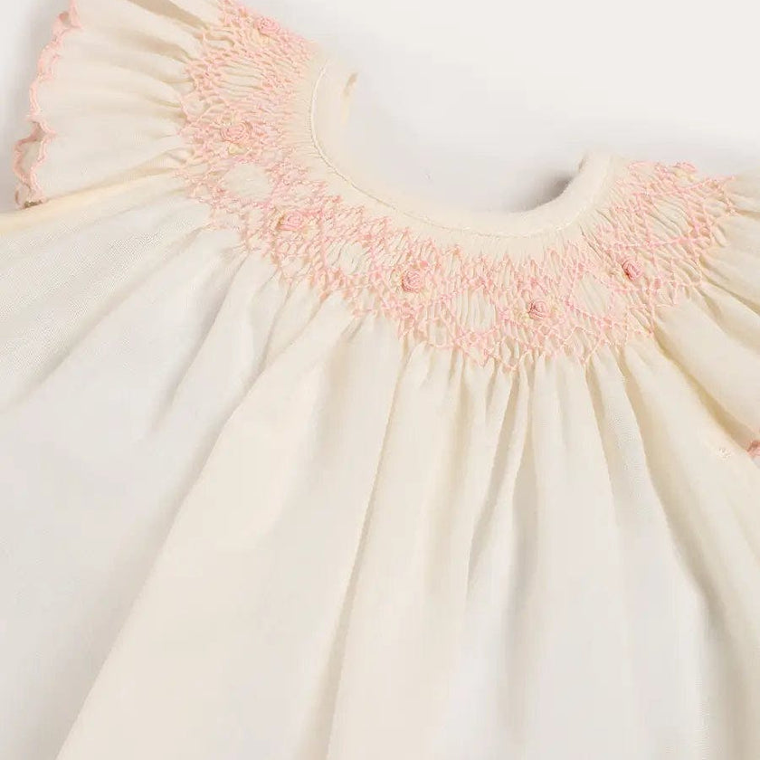 Linen Blend Hand Smocked Cap Sleeve Dress With Bloomers in White (1-6mths)