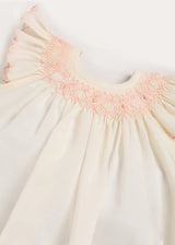 Linen Blend Hand Smocked Cap Sleeve Dress With Bloomers in White (1-6mths)