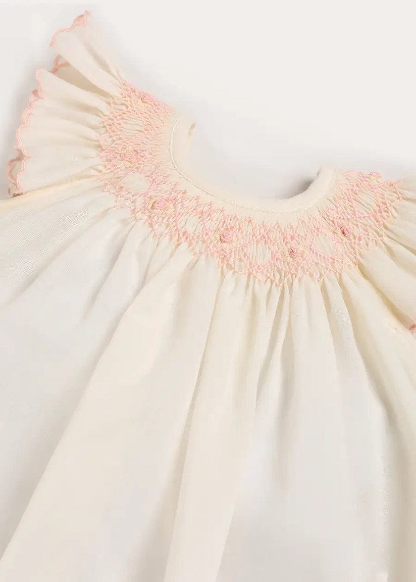 Linen Blend Hand Smocked Cap Sleeve Dress With Bloomers in White (1-6mths)