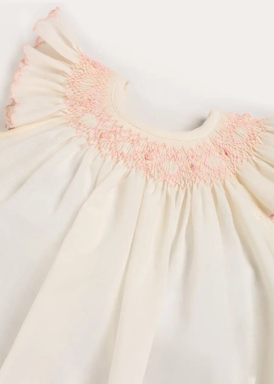 Linen Blend Hand Smocked Cap Sleeve Dress With Bloomers in White (1-6mths)