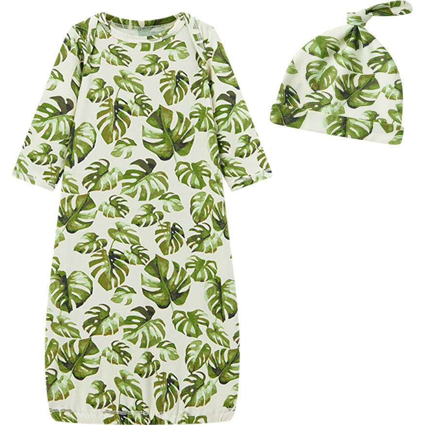 Island Leaf Cotton Stretch Newborn Gown & Hat Set