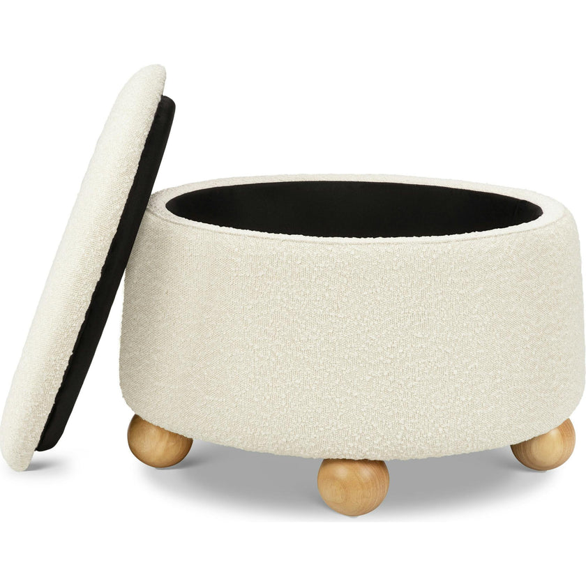 Tuffet Storage Ottoman in Performance Ivory Boucle with Honey Ball Feet