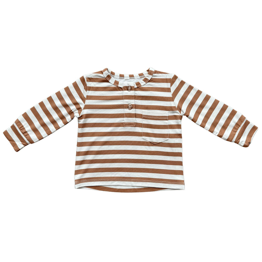 Boys Long Sleeve Henley Shirt in Caramel Stripe