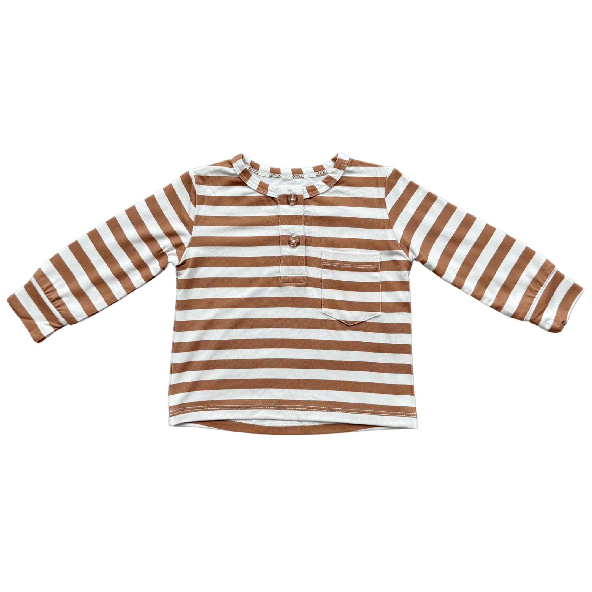 Boys Long Sleeve Henley Shirt in Caramel Stripe