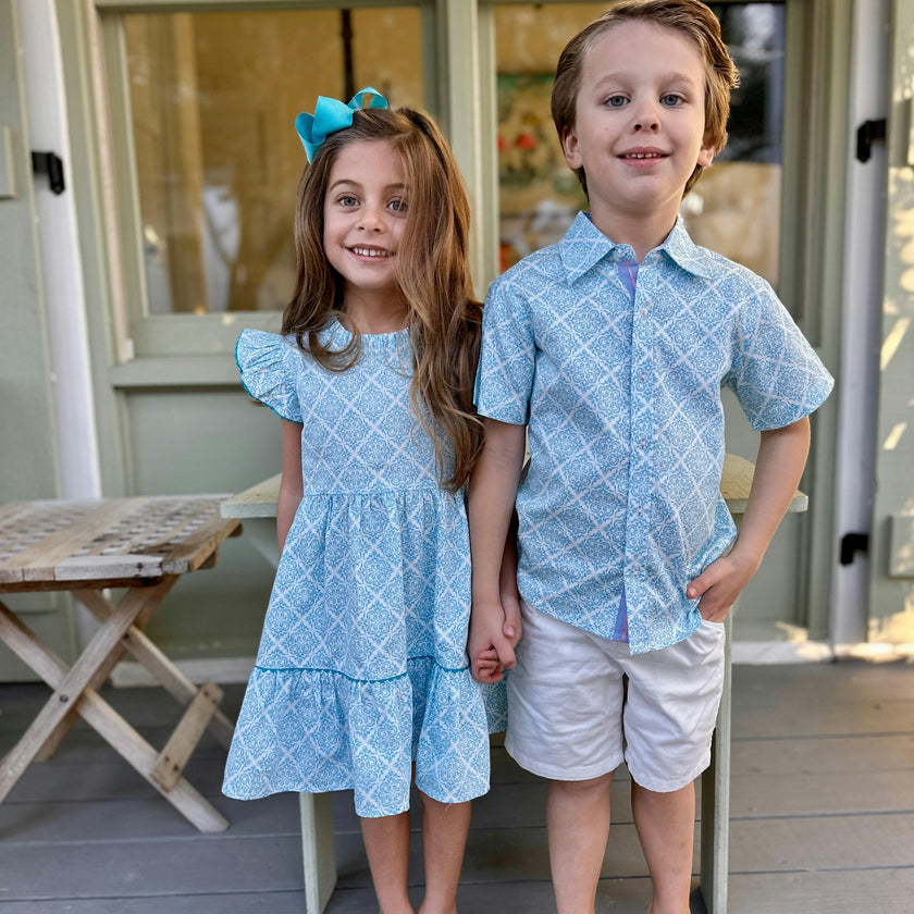 Geometric Blue Ruffle Dress