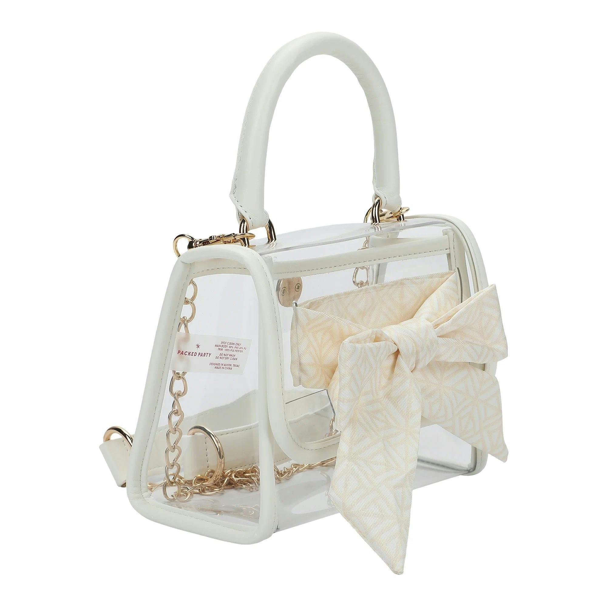 Packed Party Clear Mini Crossbody Bag - White Trim with Gold Chain Strap, Removable Satin Bow Scarf, Top Handle, 7x3.5x5 Inch