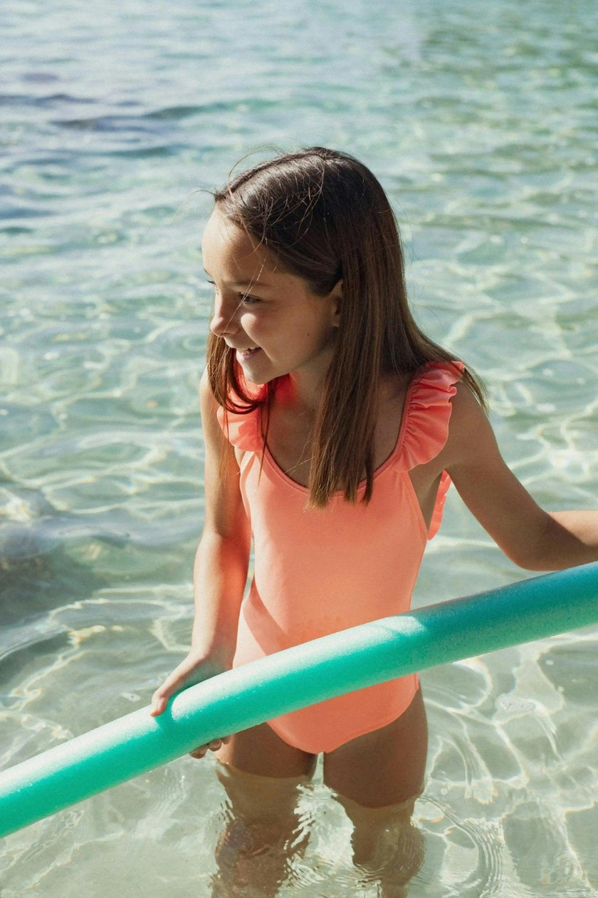 Girls' anti-UV swimsuit with ruffles, neon coral | BORA BORA 1P