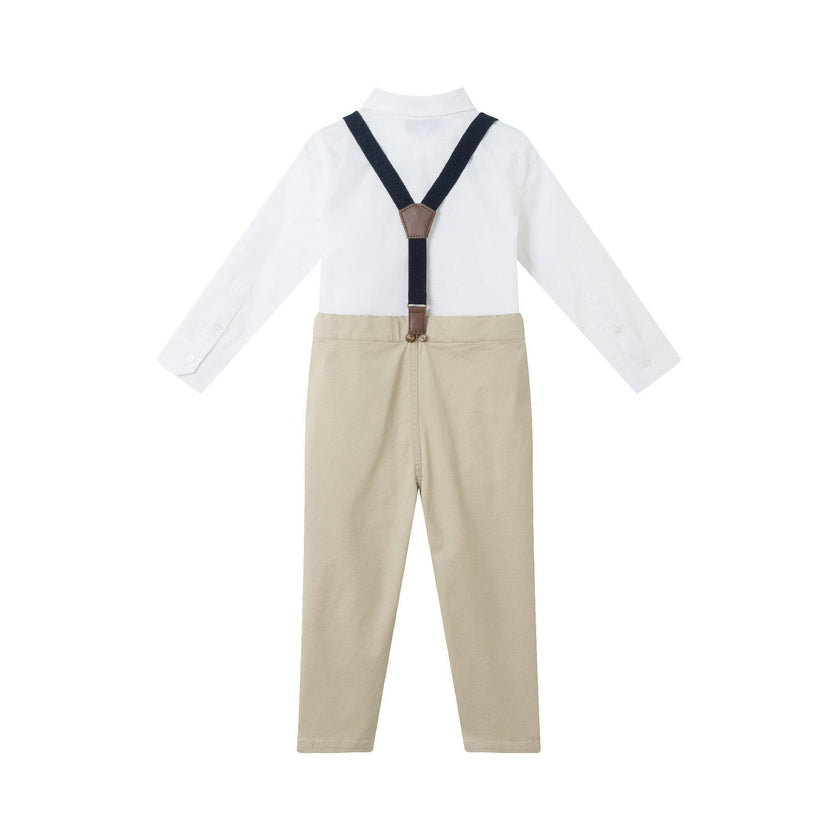Kids White Buttondown Bowtie and Suspenders Set