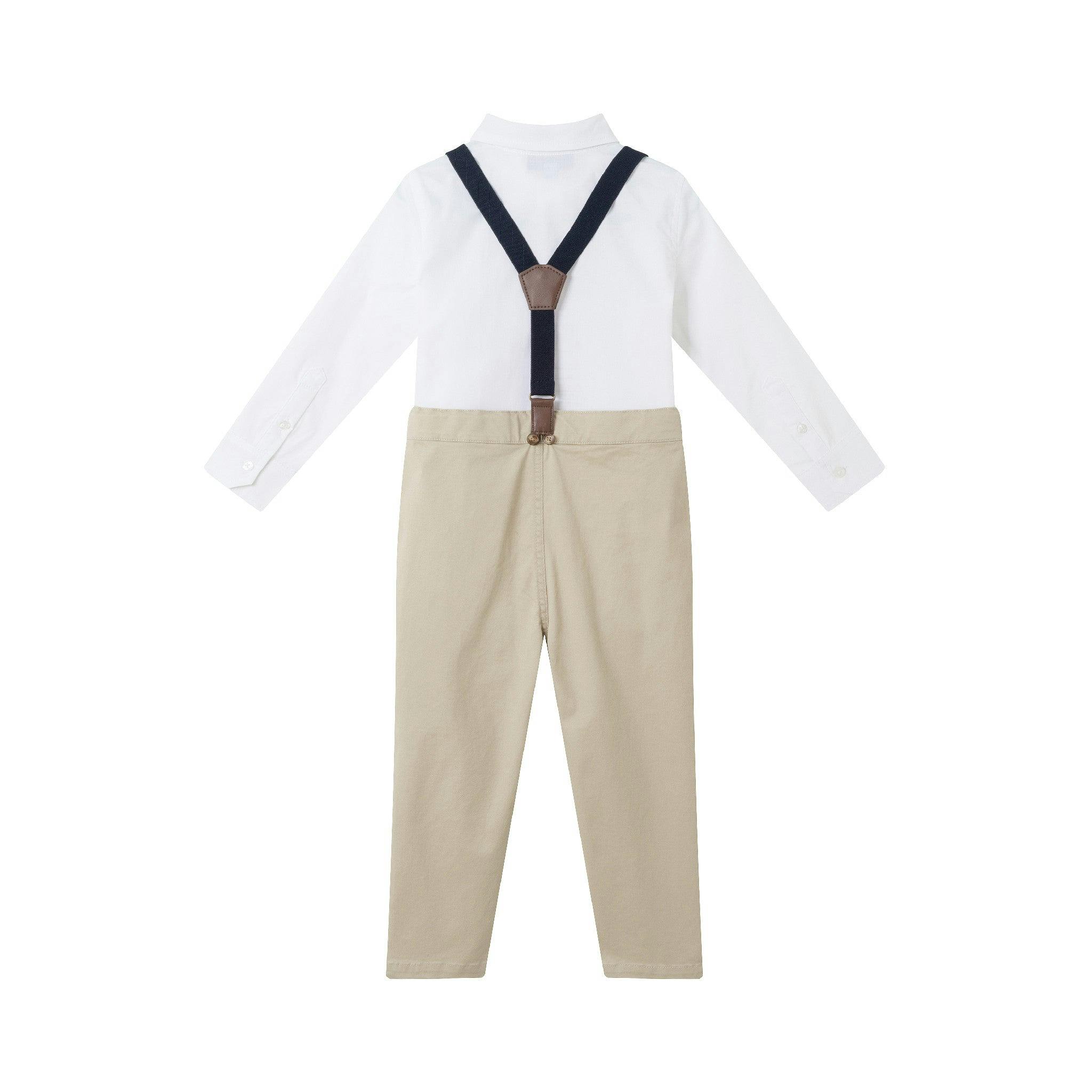 Kids White Buttondown Bowtie and Suspenders Set
