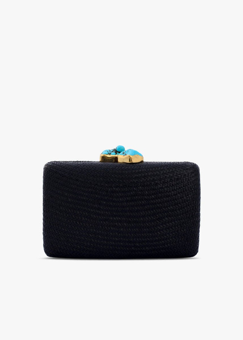 Women's Jen Straw Turquoise Stone Clutch Bag, Black