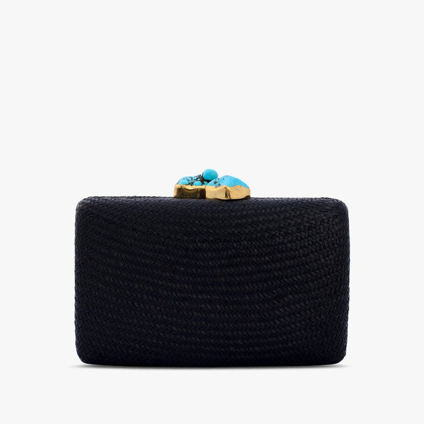 Women's Jen Straw Turquoise Stone Clutch Bag, Black
