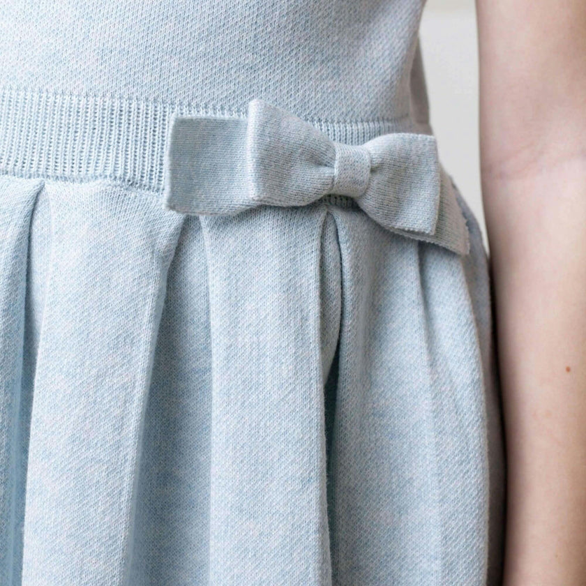 Organic Sleeveless Pleated Sweater Dress with Bow, Blue