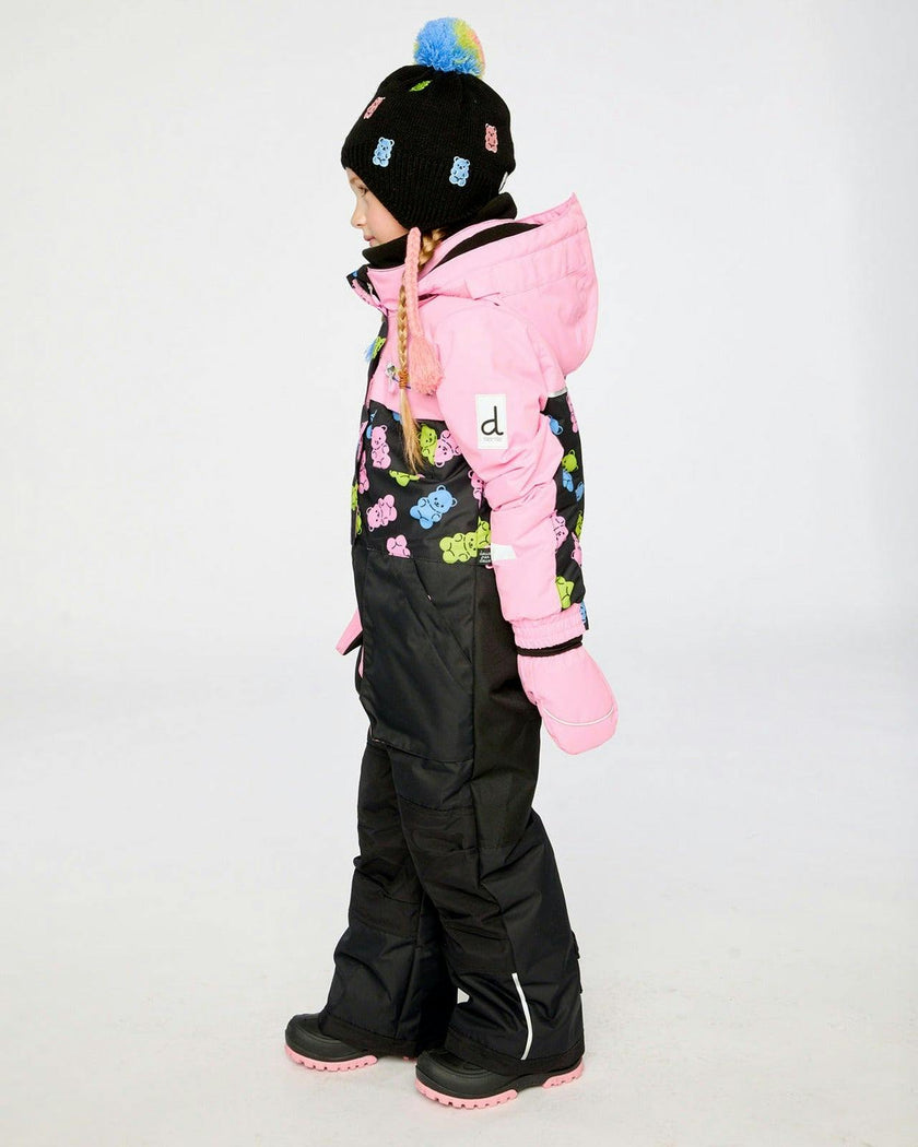 Kids One Piece Play Snowsuit Pink And Black Gummy Bear Print