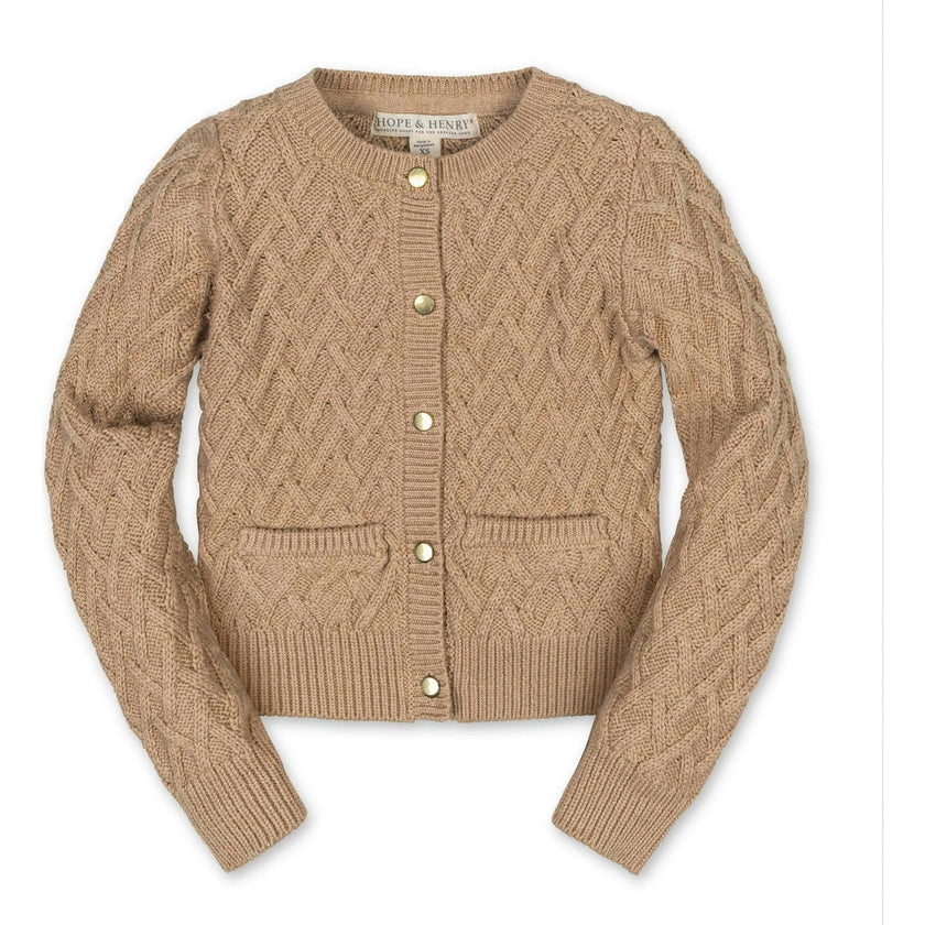 Organic Long Sleeve Herringbone Cardigan Sweater, Beige