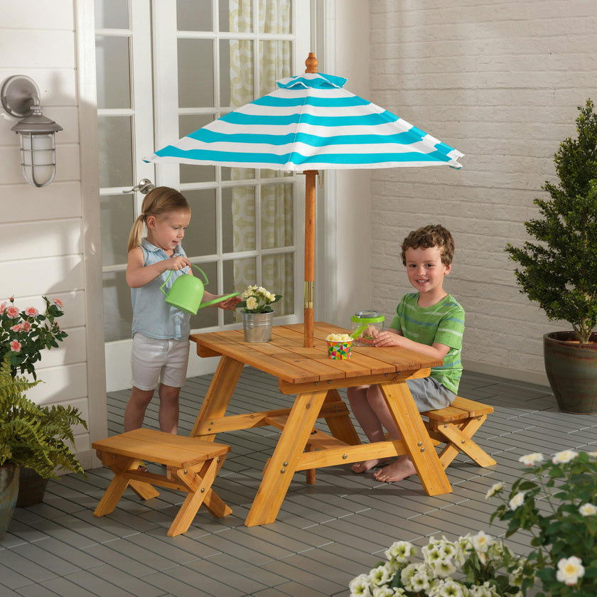 Outdoor Table and Bench Set with Umbrella