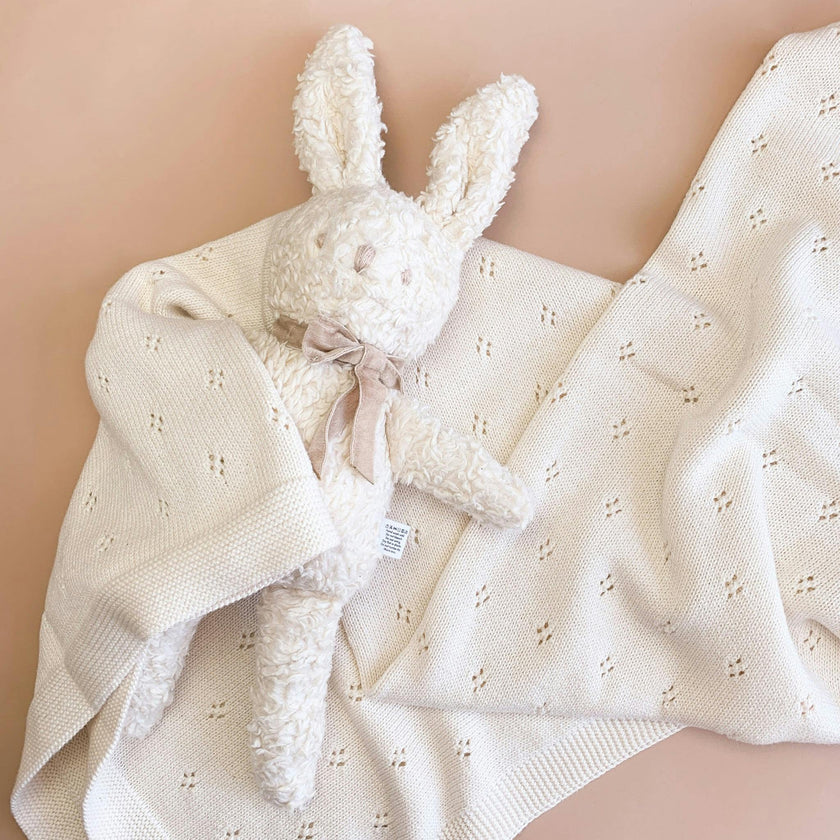 Pique Blanket and Charlie Bunny Plush Toy Set - Cream