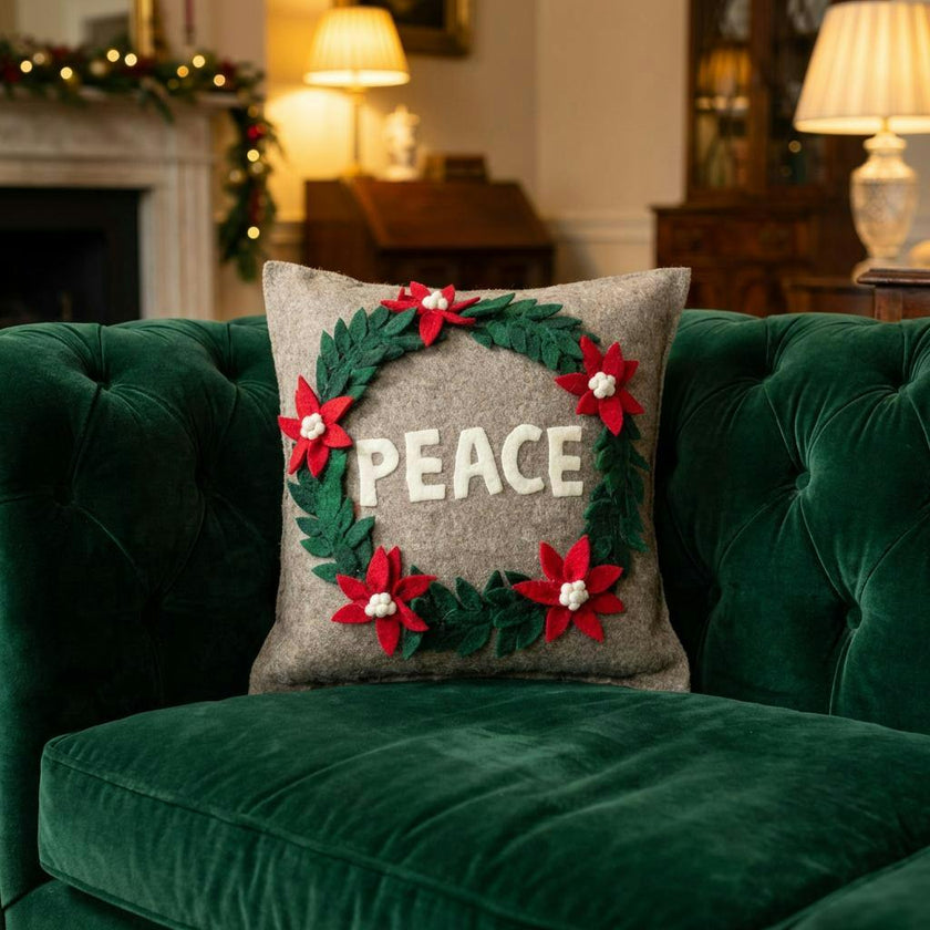 Hand Felted Wool Christmas Pillow - PEACE Wreath Natural Gray - 20"