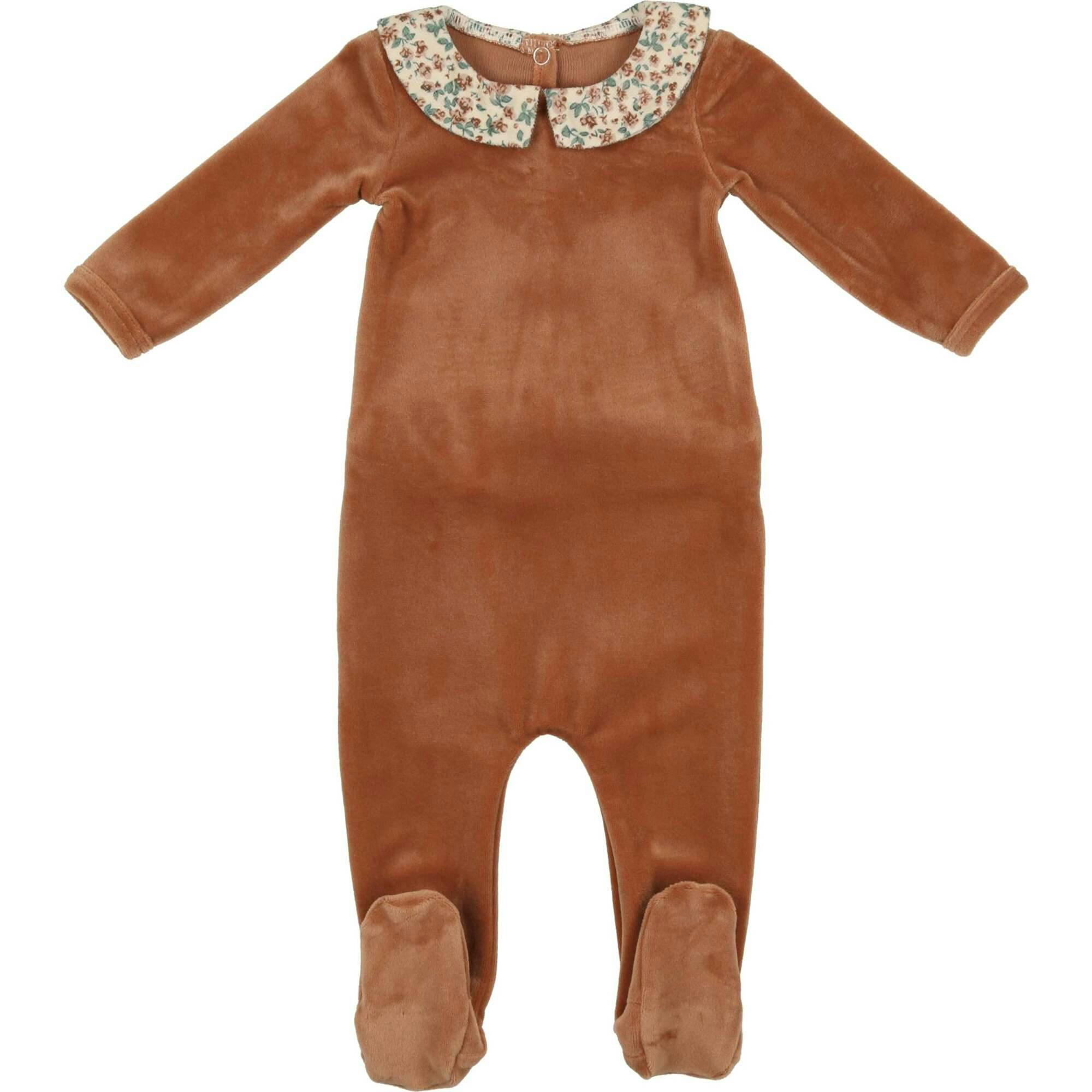 Boy's Velour Floral Peter Pan Collar Long Sleeve Footie