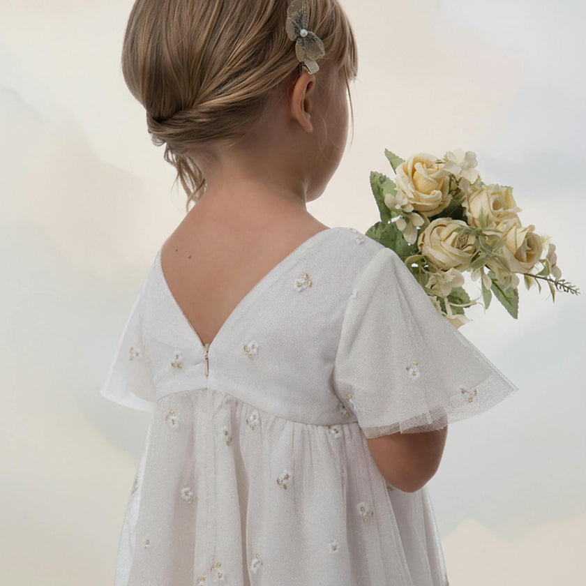 Flora Baby Dress, Gold Flower Embroidery