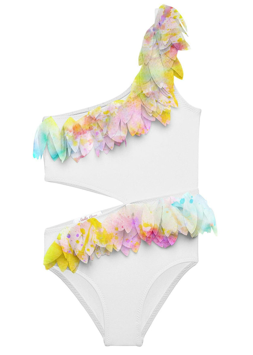 Citrus Petal Trim Side-Cut One Shoulder Sleeveless Swimsuit