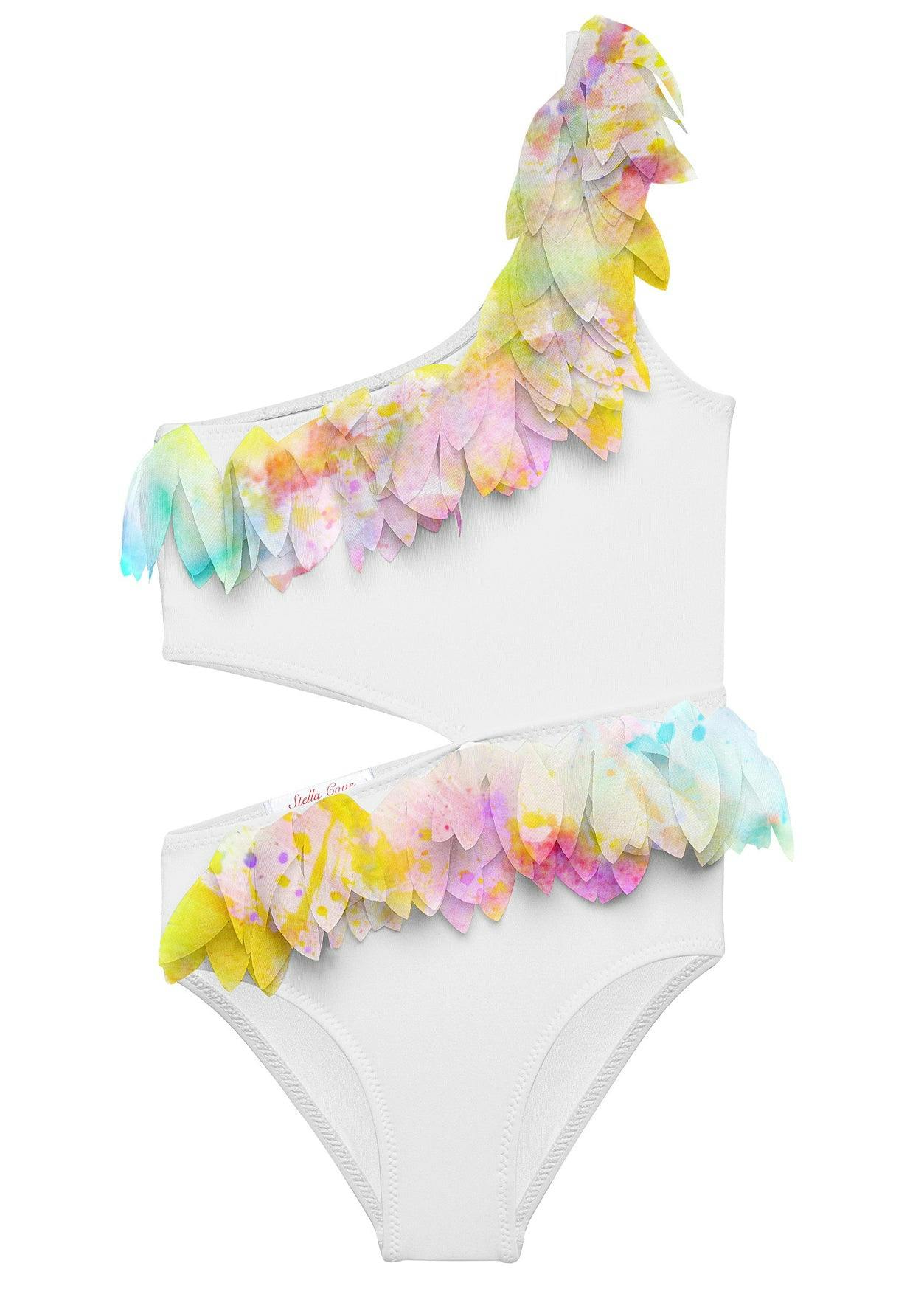 Citrus Petal Trim Side-Cut One Shoulder Sleeveless Swimsuit