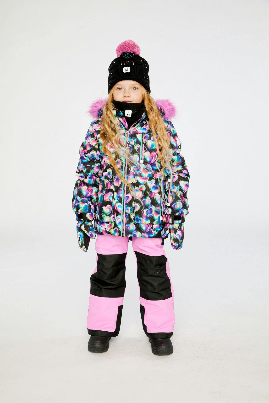 Two Piece Play Snowsuit Black Heart Print With Pink Pants