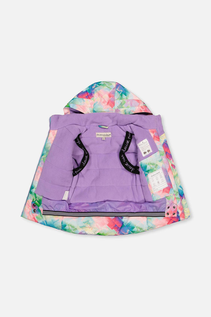 Two Piece Play Snowsuit Multicolored With A Diamond Pattern With Turquoise And Purple Pants