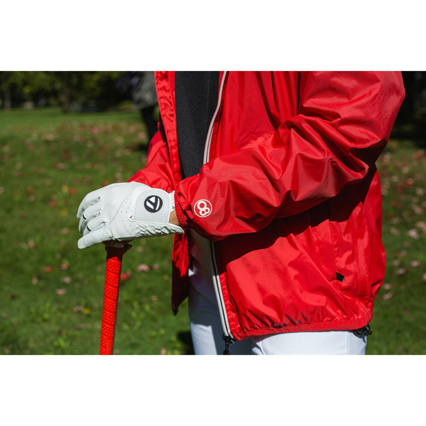 Navy full zip packable rain jacket and windbreaker