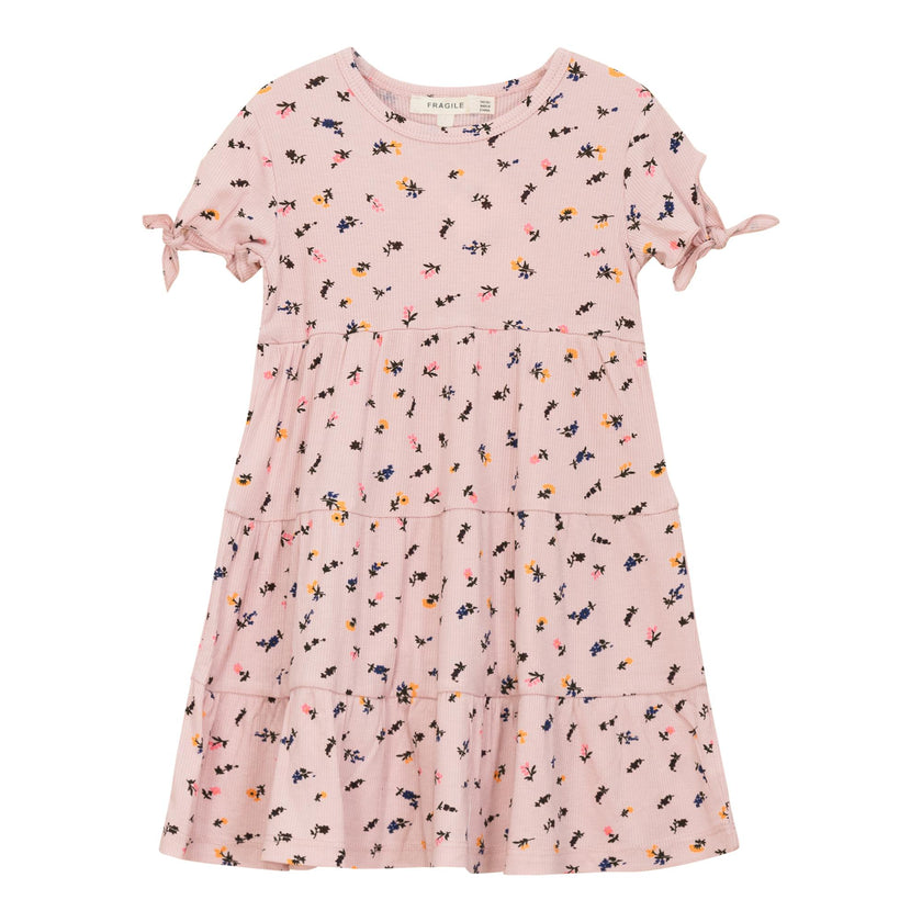 Multi Flower Print Ribbed Short Sleeve Dress
