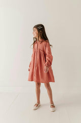 Girls Button Front Gauze Dress in Brick Dust