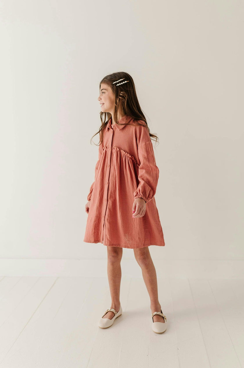 Girls Button Front Gauze Dress in Brick Dust