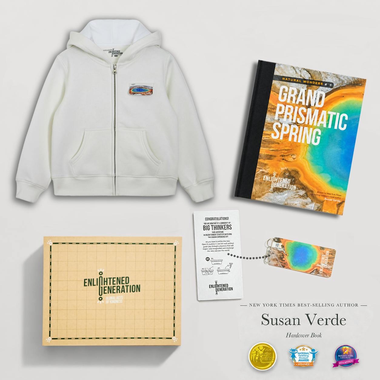 Grand Prismatic Spring Gift Box with Rainbow Pocket Kids Zip-Up Hoodie, Book, and Activities