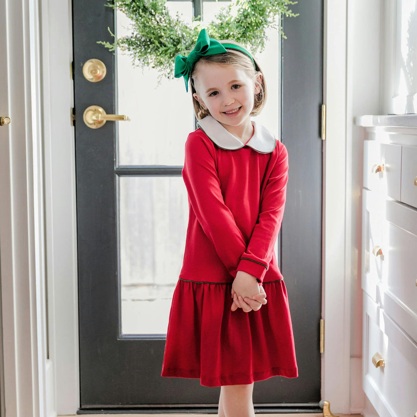Lillian Girls' Dress Red with Green Piping