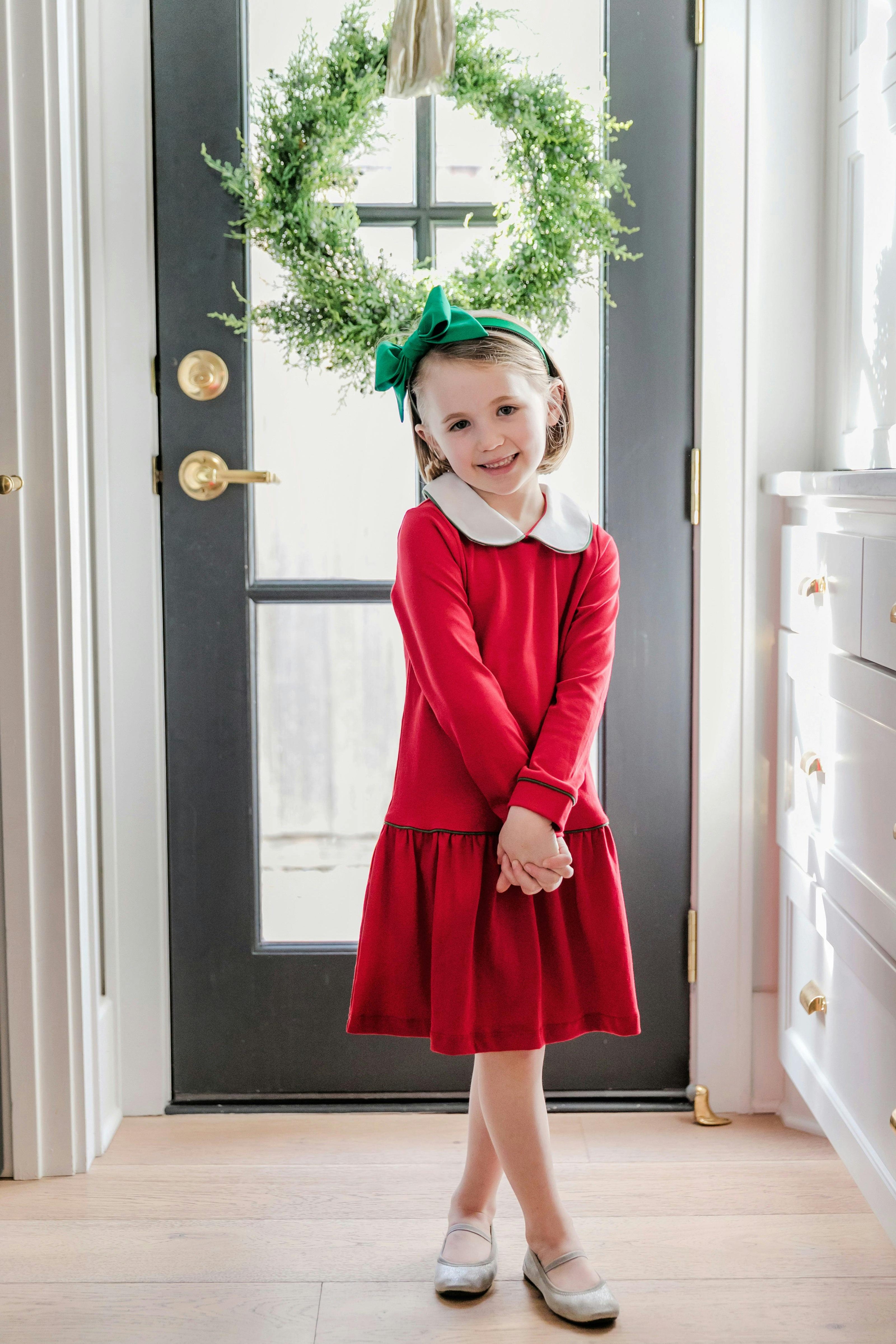Lillian Girls' Dress Red with Green Piping
