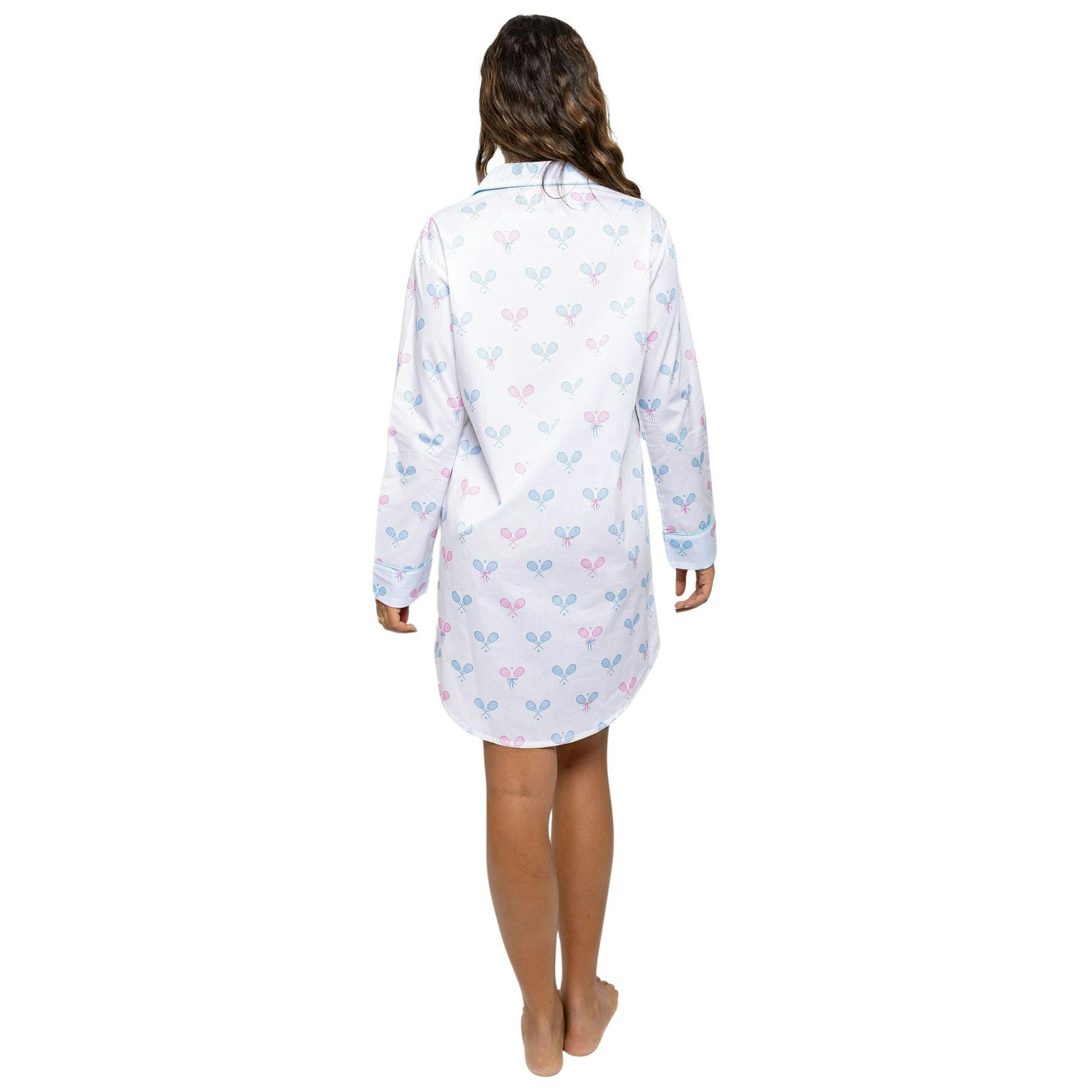 Women's Tennis Bows Night Shirt - Blue Pink Organic Cotton Poplin