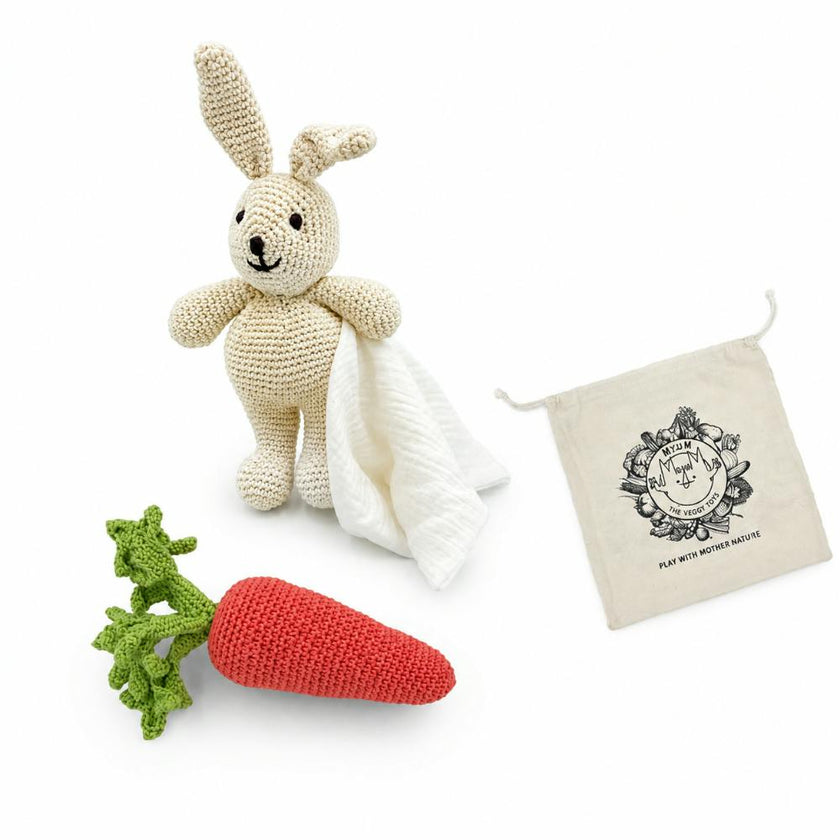 Rabbit & Carrot Gift Box 🥕🐰 100% organic cotton crochet rattle and plush lovey