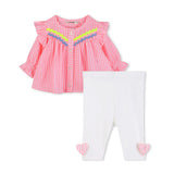 Pink Stripe Ruffle Top & White Leggings Set