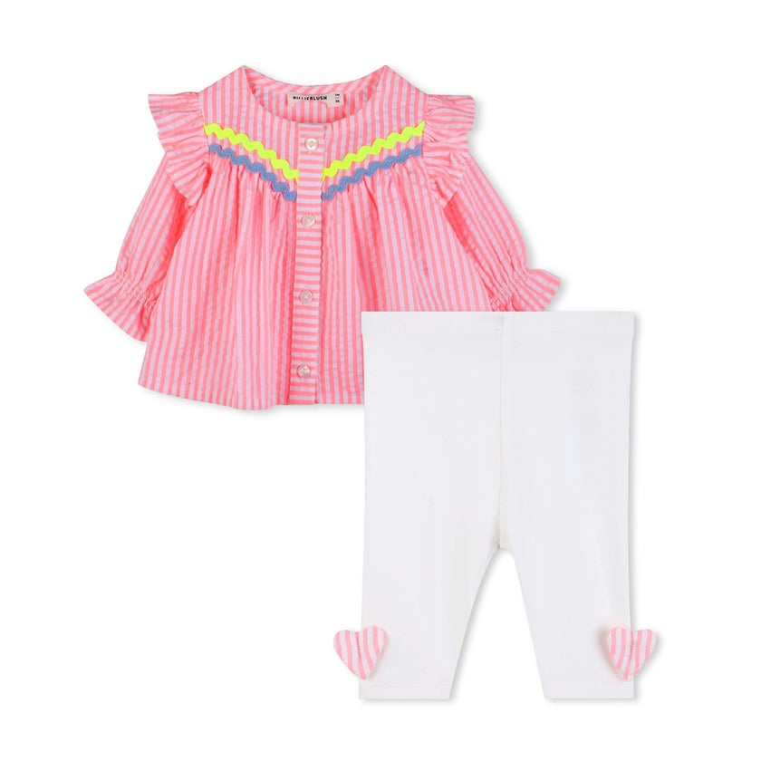 Pink Stripe Ruffle Top & White Leggings Set