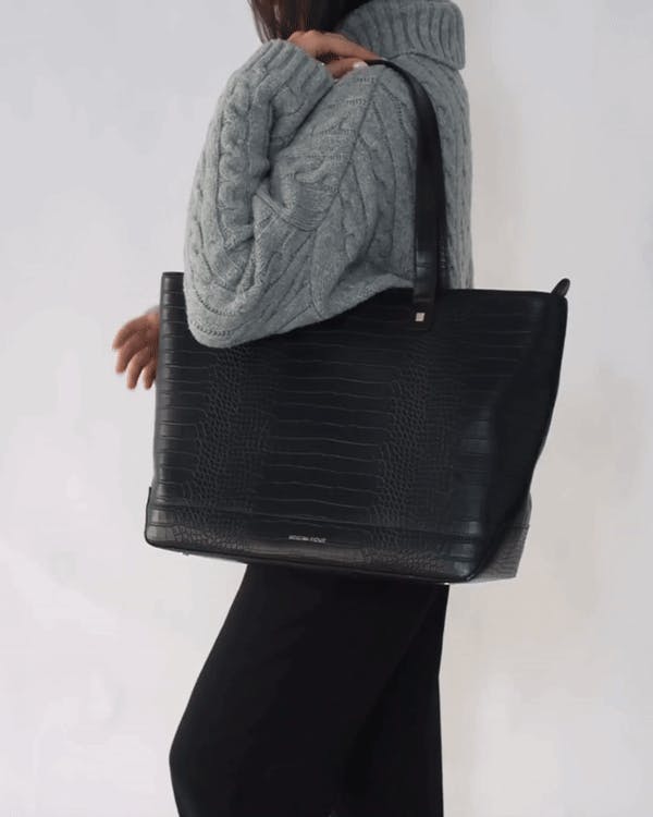 Vegan Leather Work Tote Bag with Removable Insulated Pouch, Black Croc