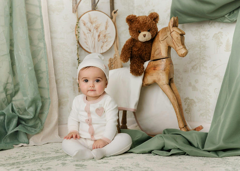 Heart-Patch Velour Footie & Hat Set