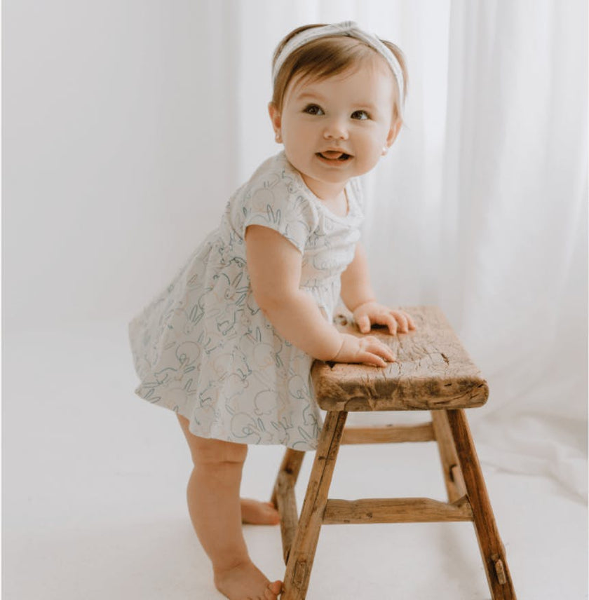 short sleeve twirl dress | bunnies