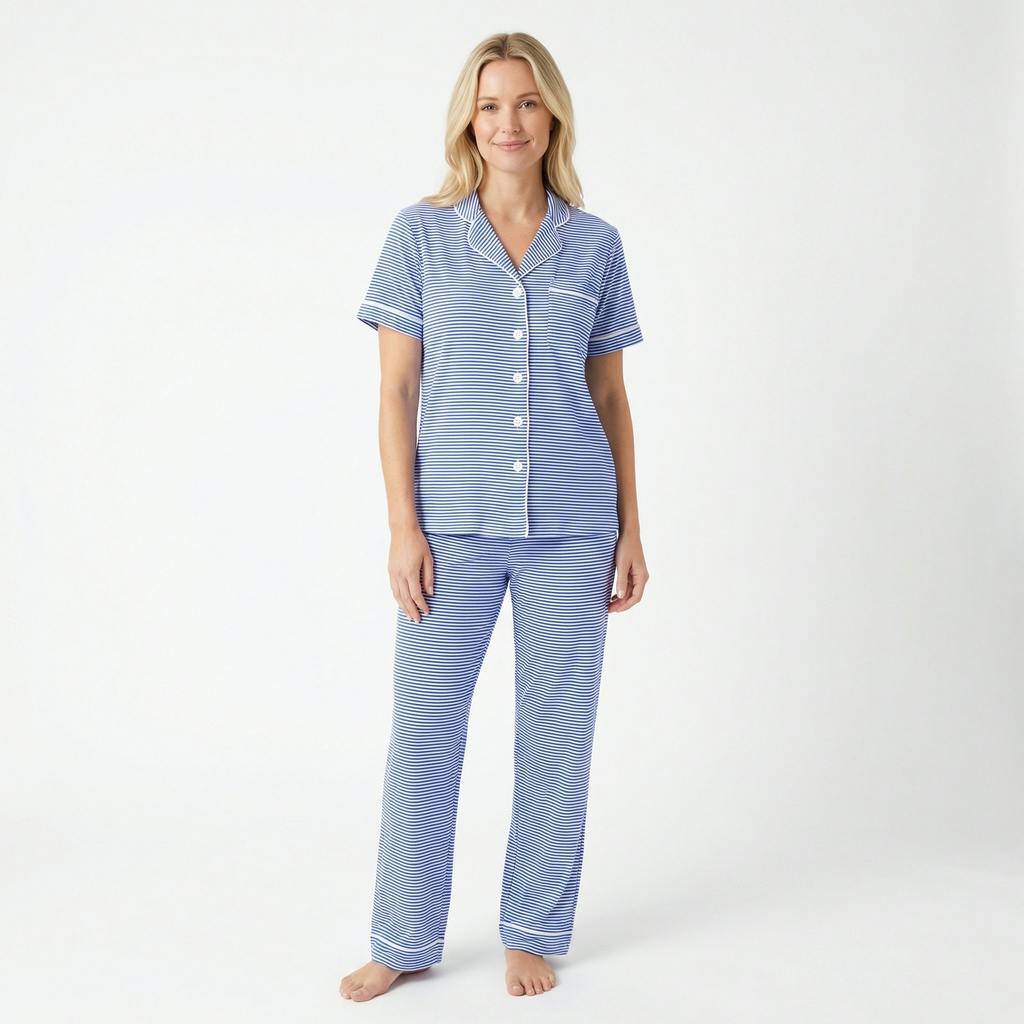 Cobalt Stripe Short Sleeve & Pants Bamboo Women's Pajama Set