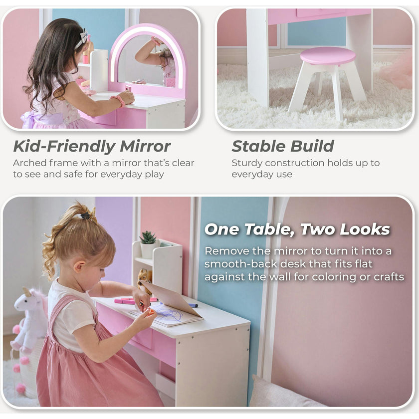 Rosé Shine Wood Vanity & Desk with LED Mirror & Stool