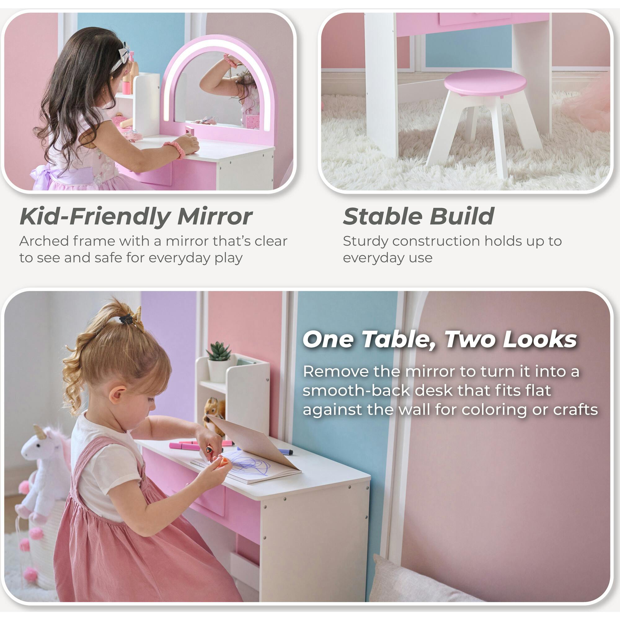 Rosé Shine Wood Vanity & Desk with LED Mirror & Stool