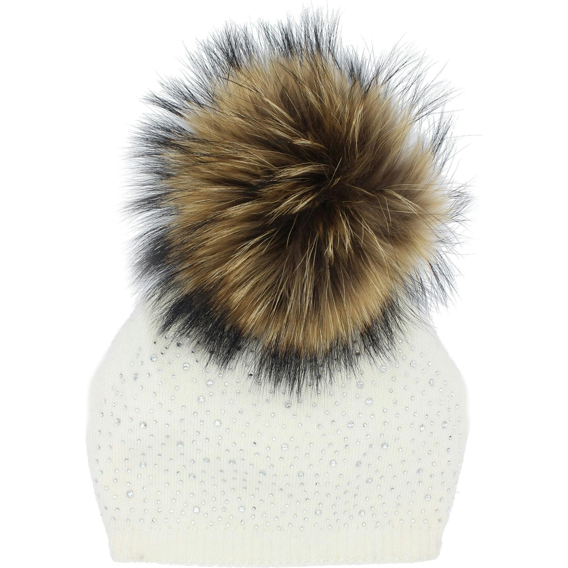Sewn Knit Wool Hat With Faux Fur Pom, Navy