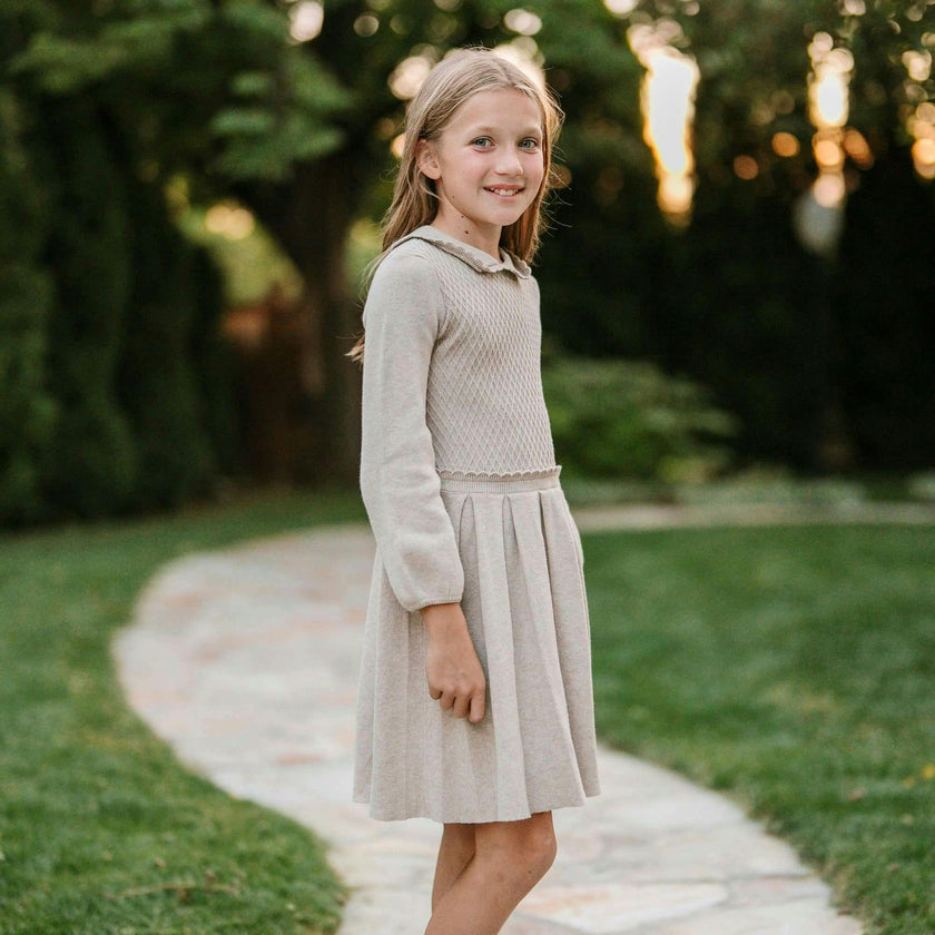 Organic Peter Pan Collar Scallop Trim Sweater Dress, Beige